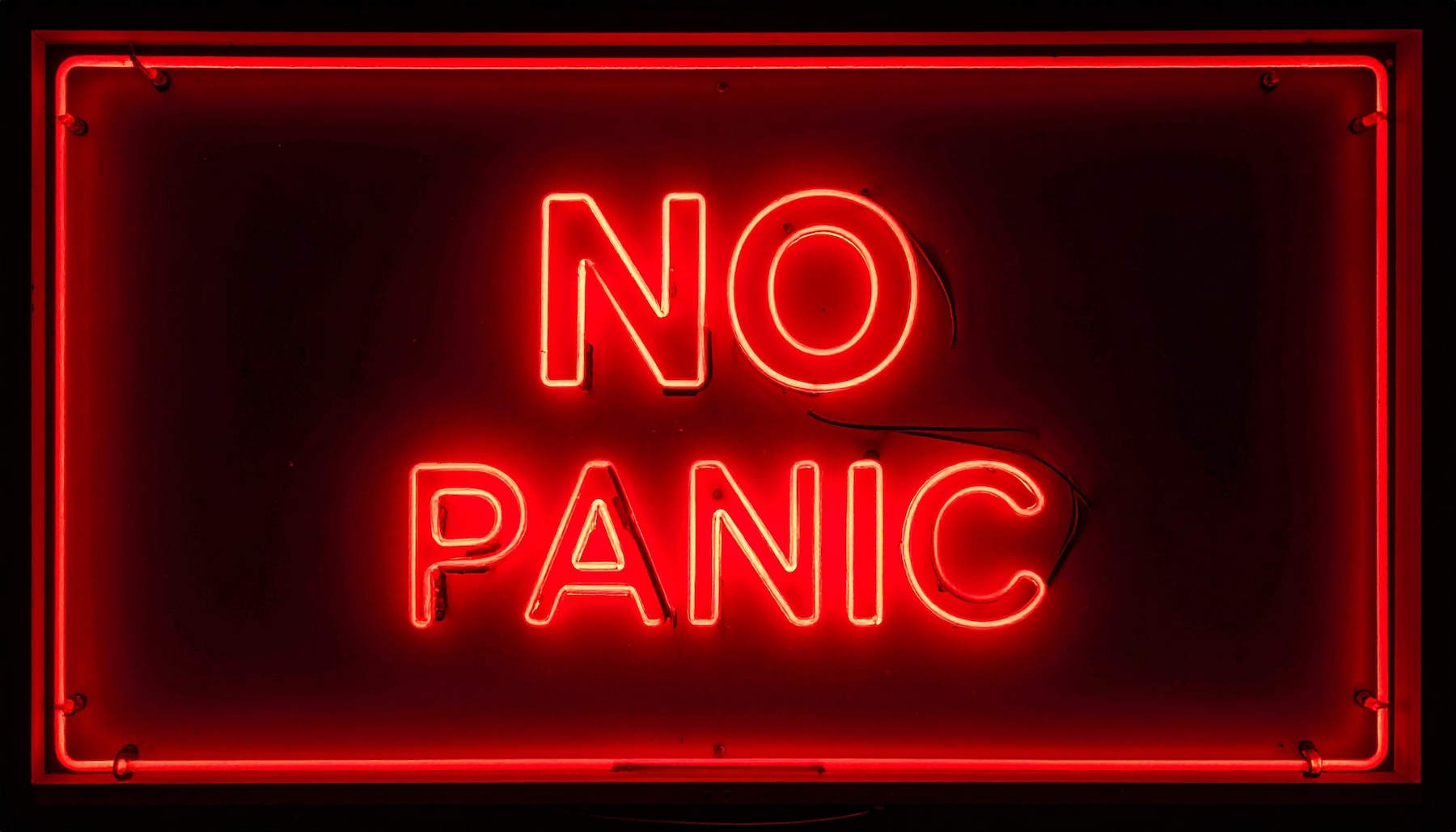 Red neon sign reading 'NO PANIC' against a dark background.