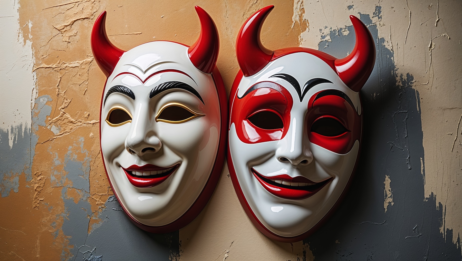 Two white masks with red horns hang on a distressed, peeling wall (devil-themed masks).