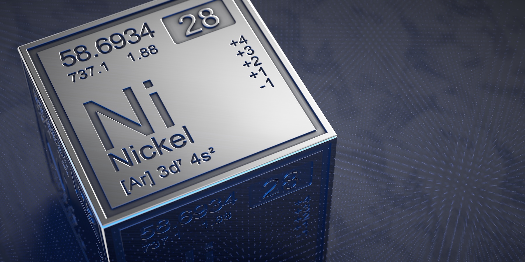 3D metallic cube featuring the chemical symbol Ni and the word Nickel, with electron configuration [Ar] 3d10 4s2 visible on the front.