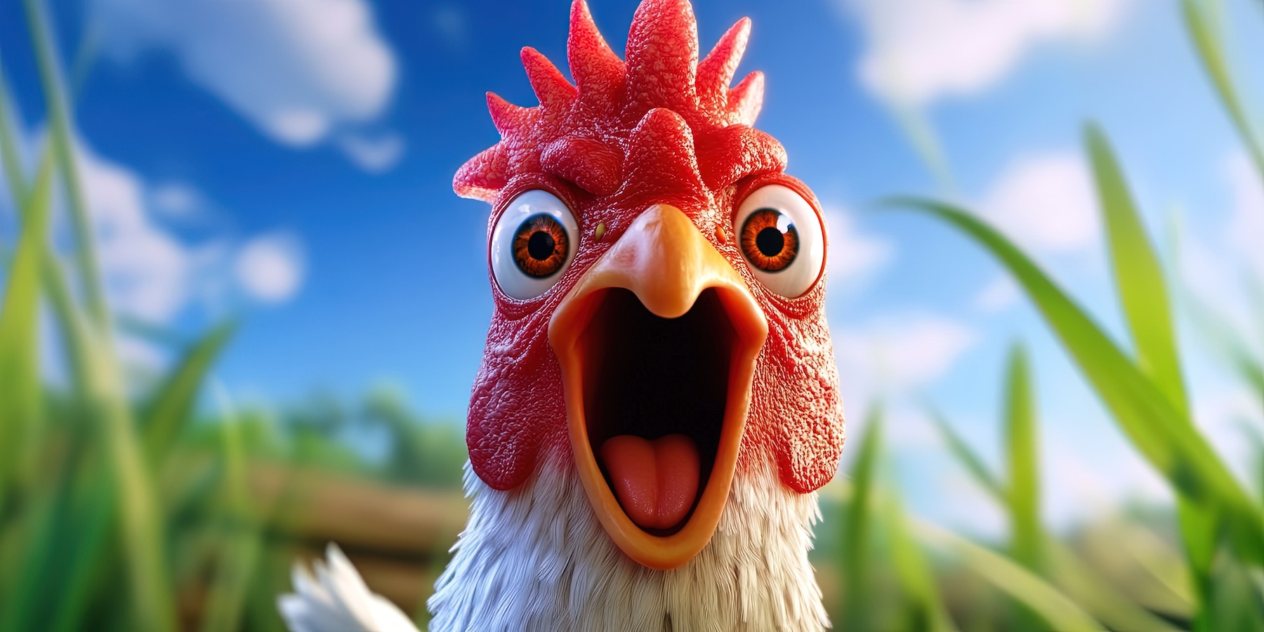 Close-up of a surprised cartoon chicken with a wide-open beak and bright red comb in a sunny farm setting