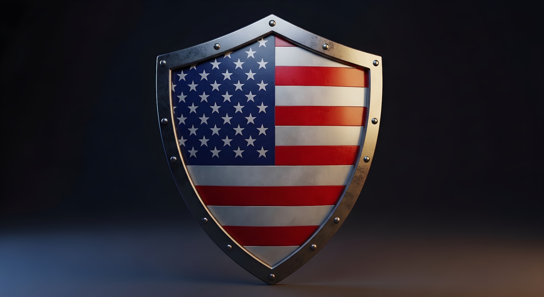 Shield shaped like a metal crest, decorated with the American flag (stars and stripes) across its surface against a dark background, symbolizing protection and security.